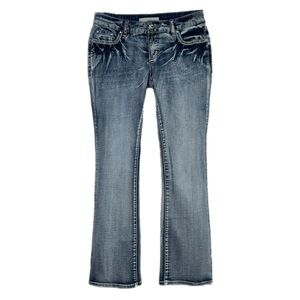 Cato Acid Wash Rhinestone Bling Medallion Pocket Bootcut Jeans - Petite